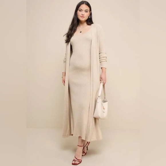 Lulus Ribbed Maxi Dress and Duster Set in Tan/Beige - Picture 2 of 5